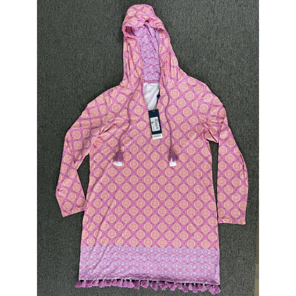 Cabana Life Cover Up Womens Large Pink Hooded Tassel Hem UPF 50+ Swim Print